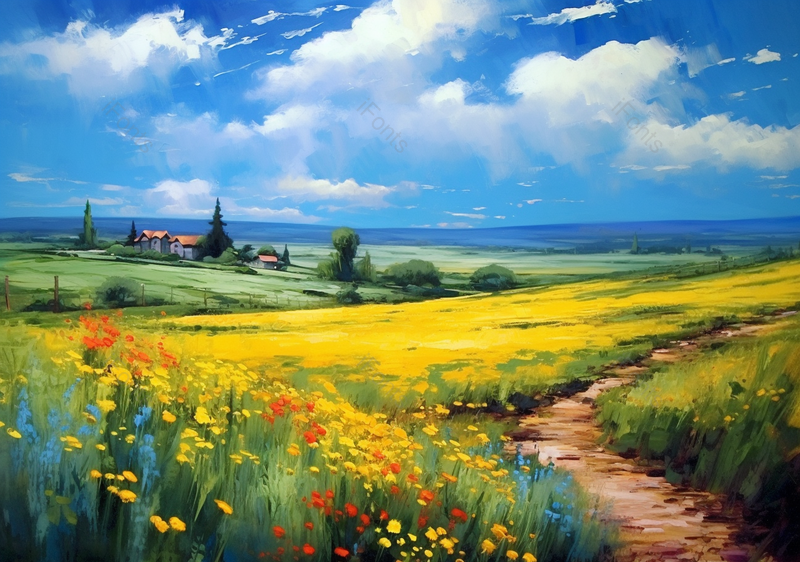 黄色野花丛田野小路夏日蓝天田园风格自然油画,插画/手绘图,插画/手绘图库,插画/手绘图下载,插画/手绘